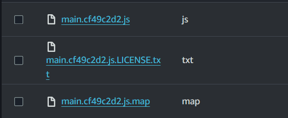 S3 object listing showing the newer main.cf49c2d2.js bundle and related files