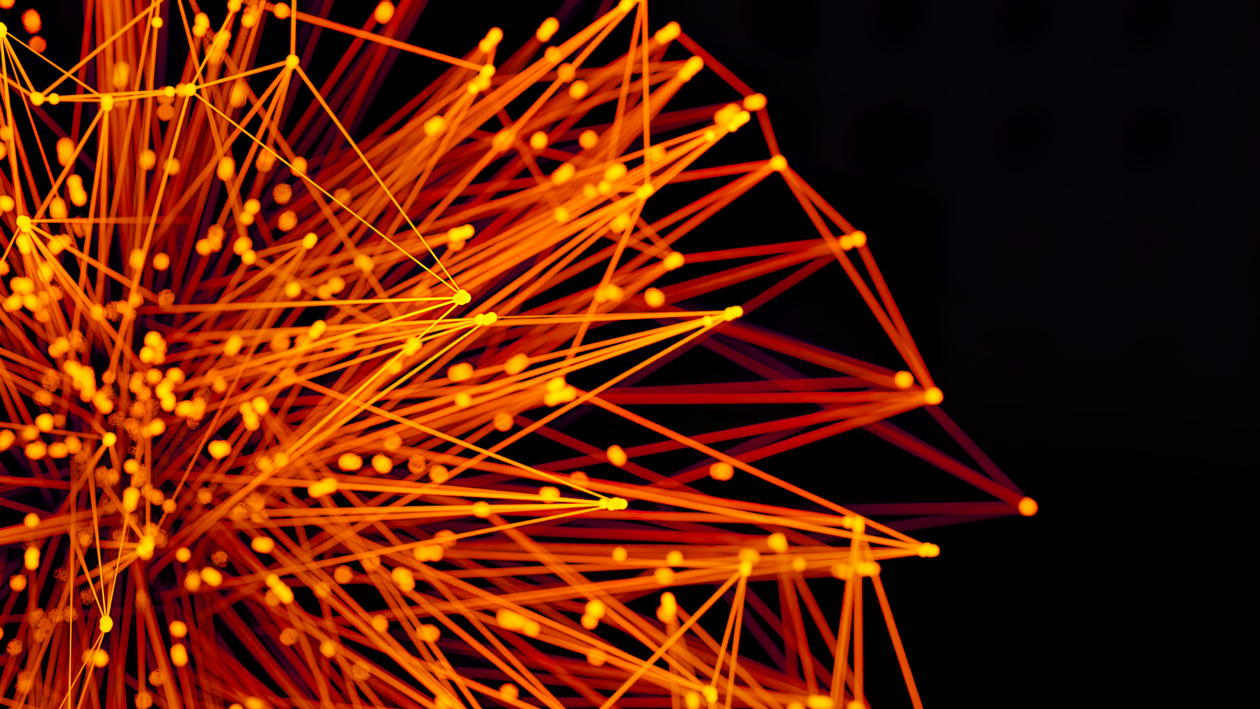 Abstract network of glowing orange nodes connected by dense red and orange lines on a black background.