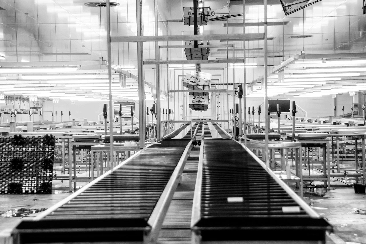 Black-and-white industrial conveyor system running through a large automated production facility.