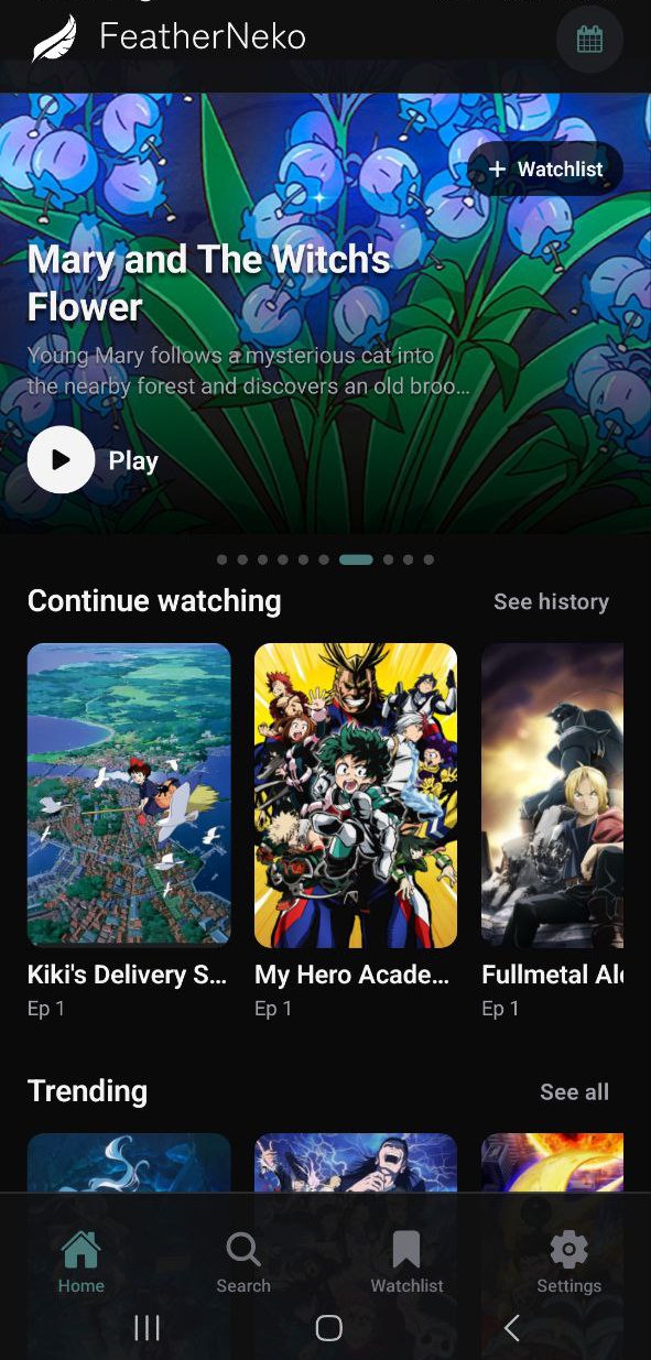 FeatherNeko mobile home screen with a featured anime, continue-watching row, trending titles, watchlist controls, and bottom navigation