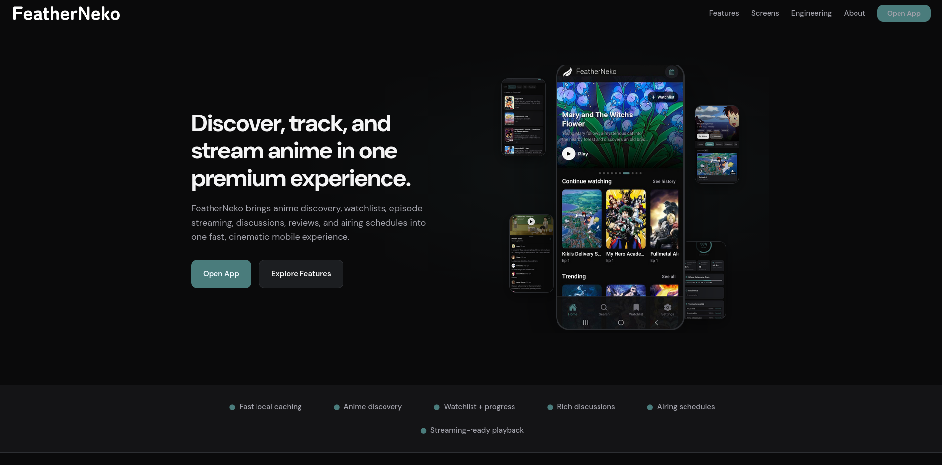FeatherNeko product page showing a dark interface with several mobile app screens for anime discovery, playback, discussions, and viewing progress.