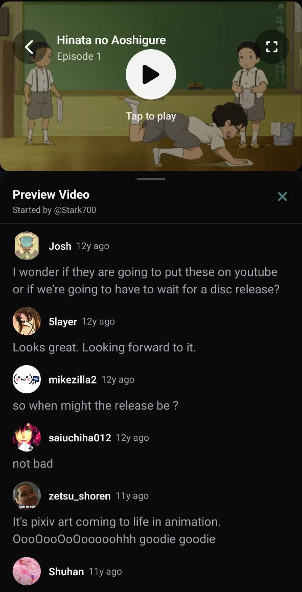 FeatherNeko playback screen showing an episode preview above a discussion thread with user avatars and comments