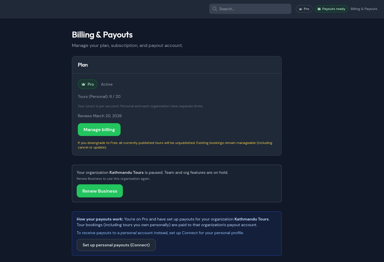 Featherly Billing & Payouts page showing an active Pro subscription, a paused organization, and separate organization and personal payout states