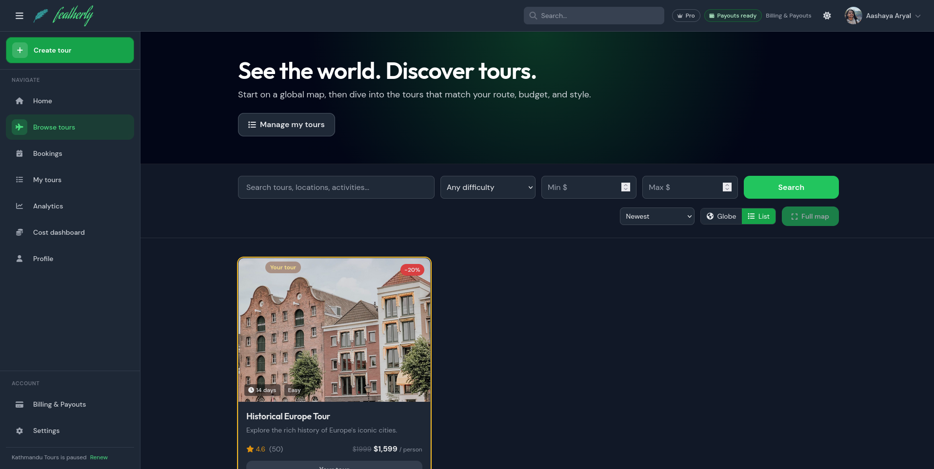 Authenticated Featherly dashboard showing navigation, tour search filters, and an owned Historical Europe Tour listing