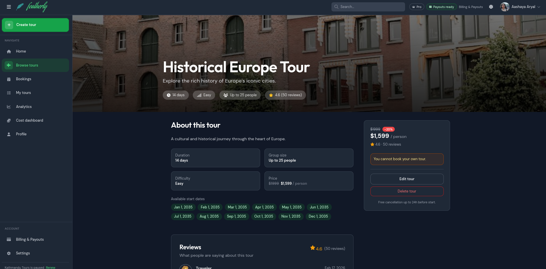 Featherly tour marketplace showing tour details, availability, and booking controls