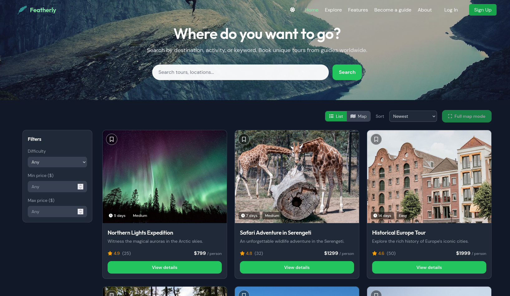 Public Featherly tour discovery page with destination search, price and difficulty filters, sorting, list and map controls, and tour cards