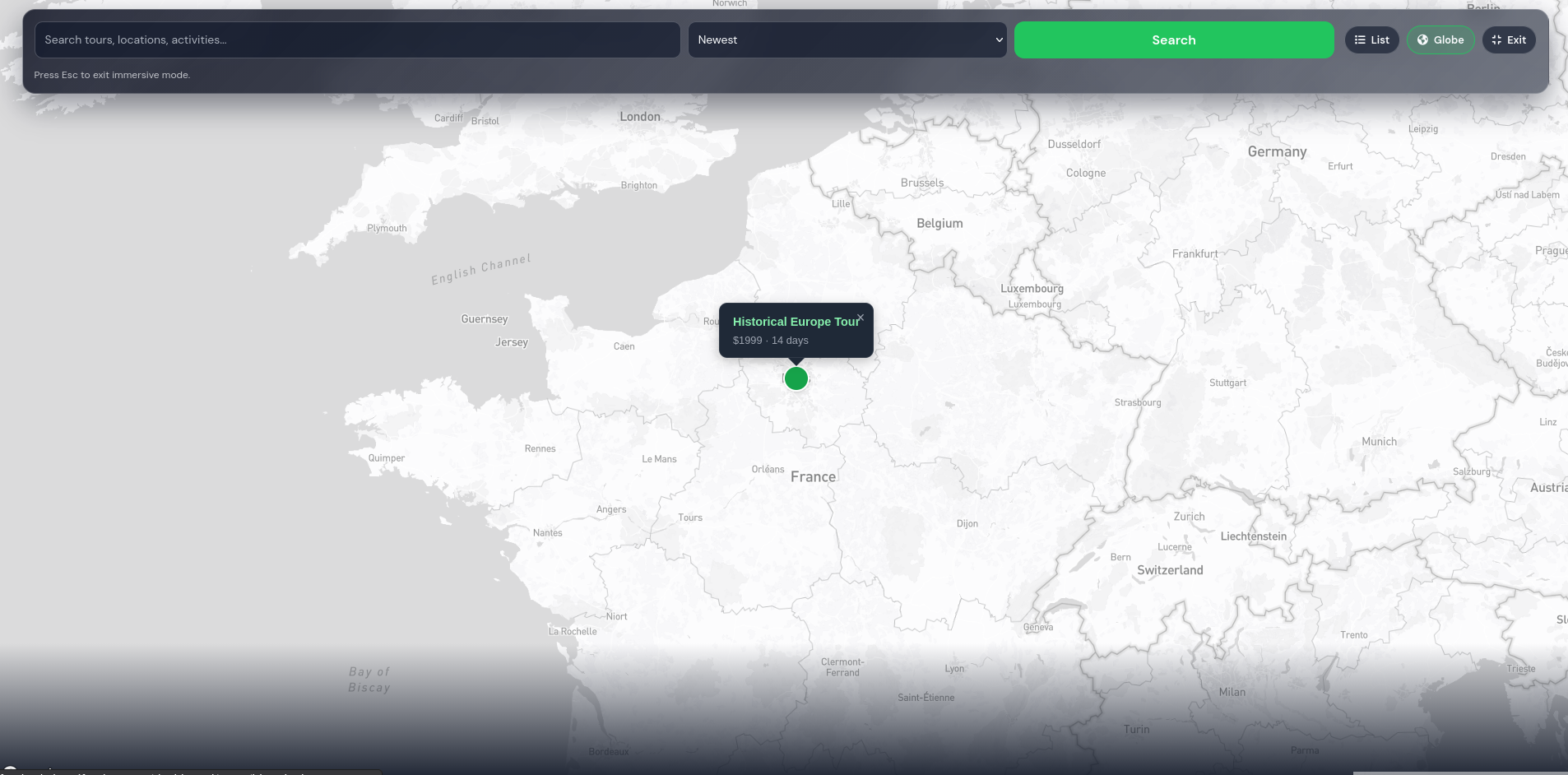 Immersive Featherly map search centered on Europe with search and sorting controls and a Historical Europe Tour marker in France