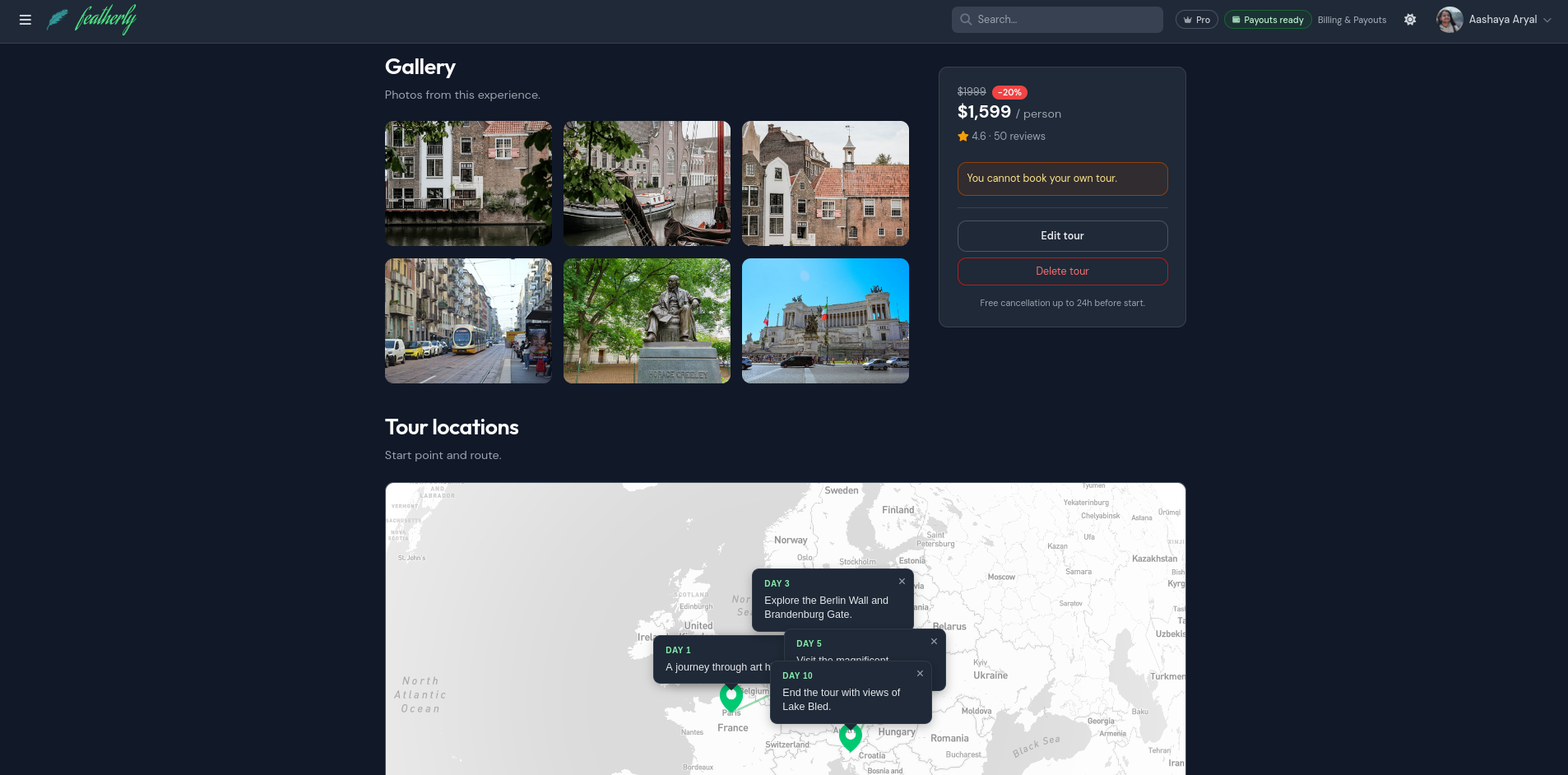 Historical Europe Tour gallery and route map with itinerary markers placed across several European destinations