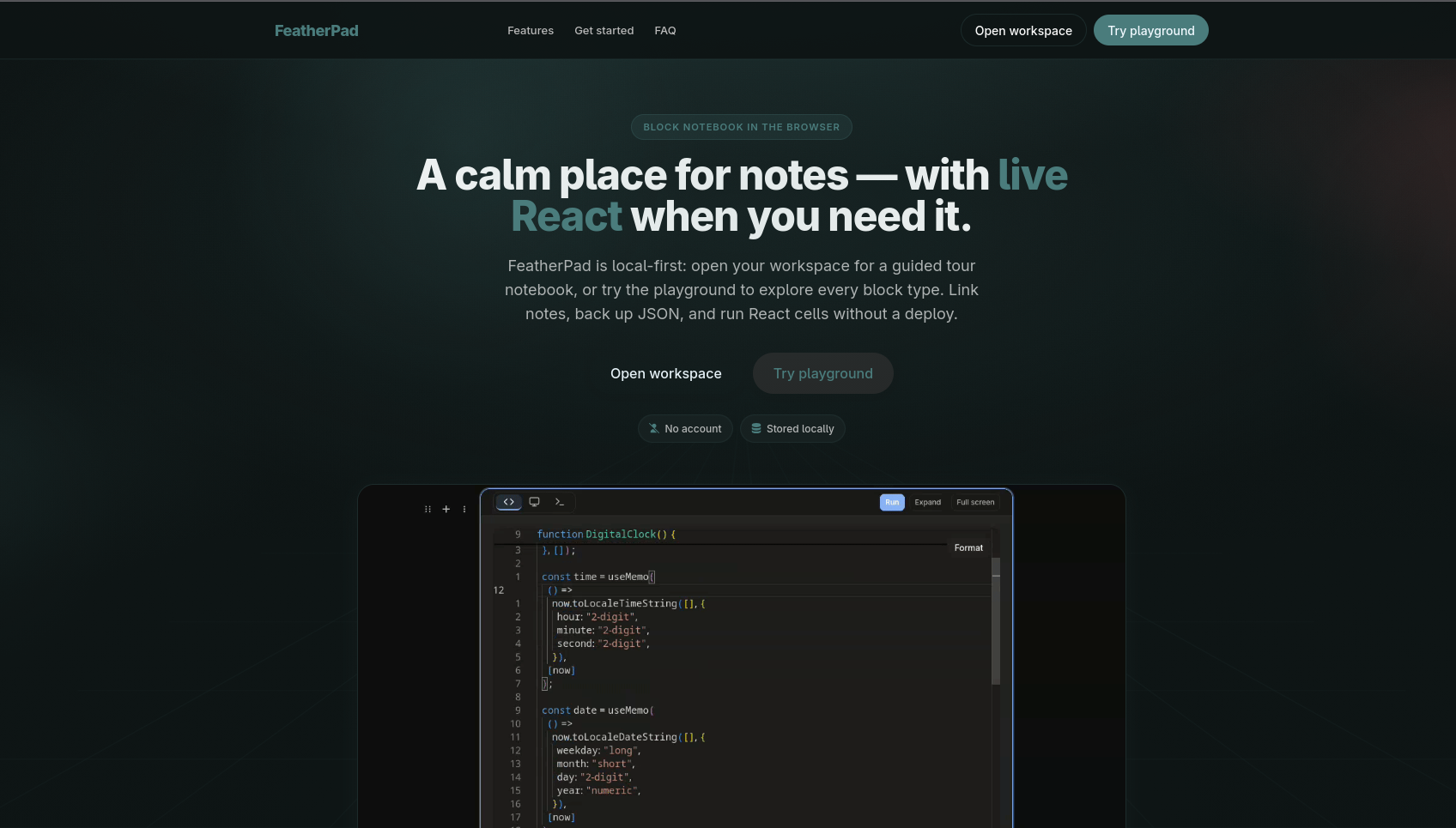 FeatherPad landing page introducing a local-first notebook with a live React code editor preview, workspace and playground actions, and local-storage indicators.