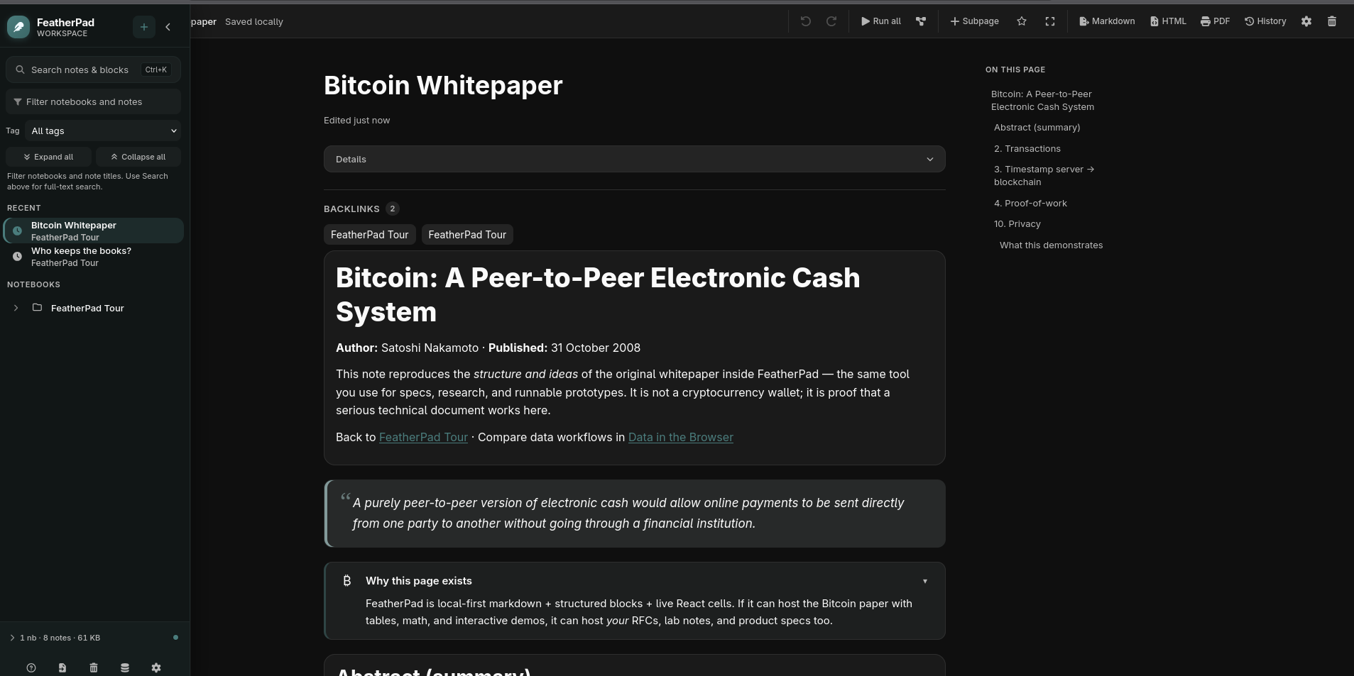 FeatherPad workspace with a notebook sidebar and rich text document