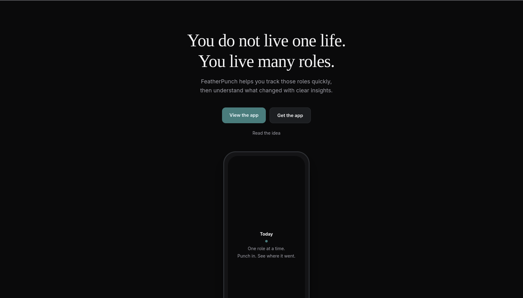 FeatherPunch landing page with the message “You do not live one life. You live many roles.” above a dark mobile app preview centered on the page.