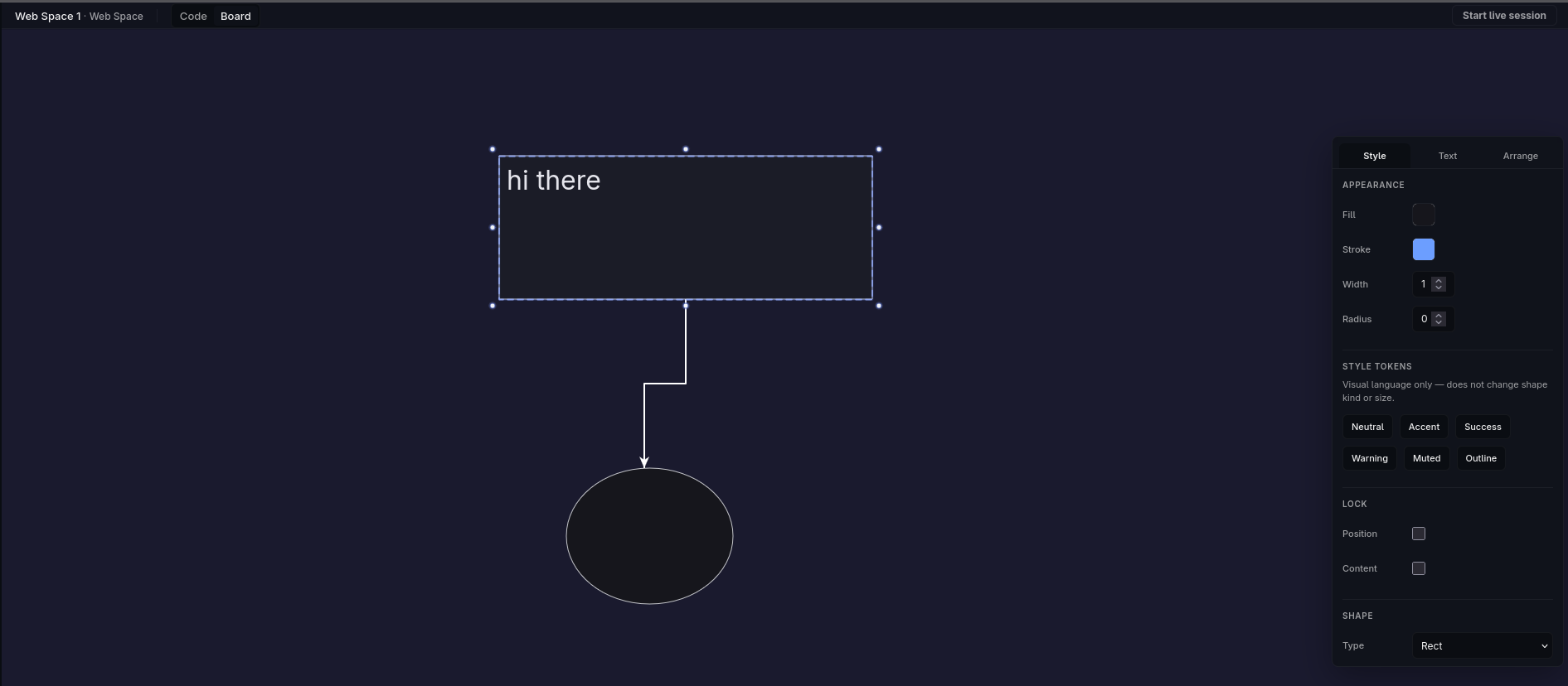 FeatherSpace Board showing a text rectangle connected to a circle, with selection handles and a style inspector for fill, stroke, radius, locking, and shape type