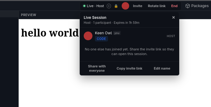 FeatherSpace live-session panel showing the host participant, session status, invite controls, and options to share or copy the invitation link